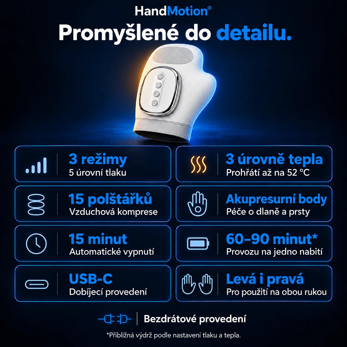 HandMotion® – 15 vzduchových polštářků, USB-C a kompletní specifikace