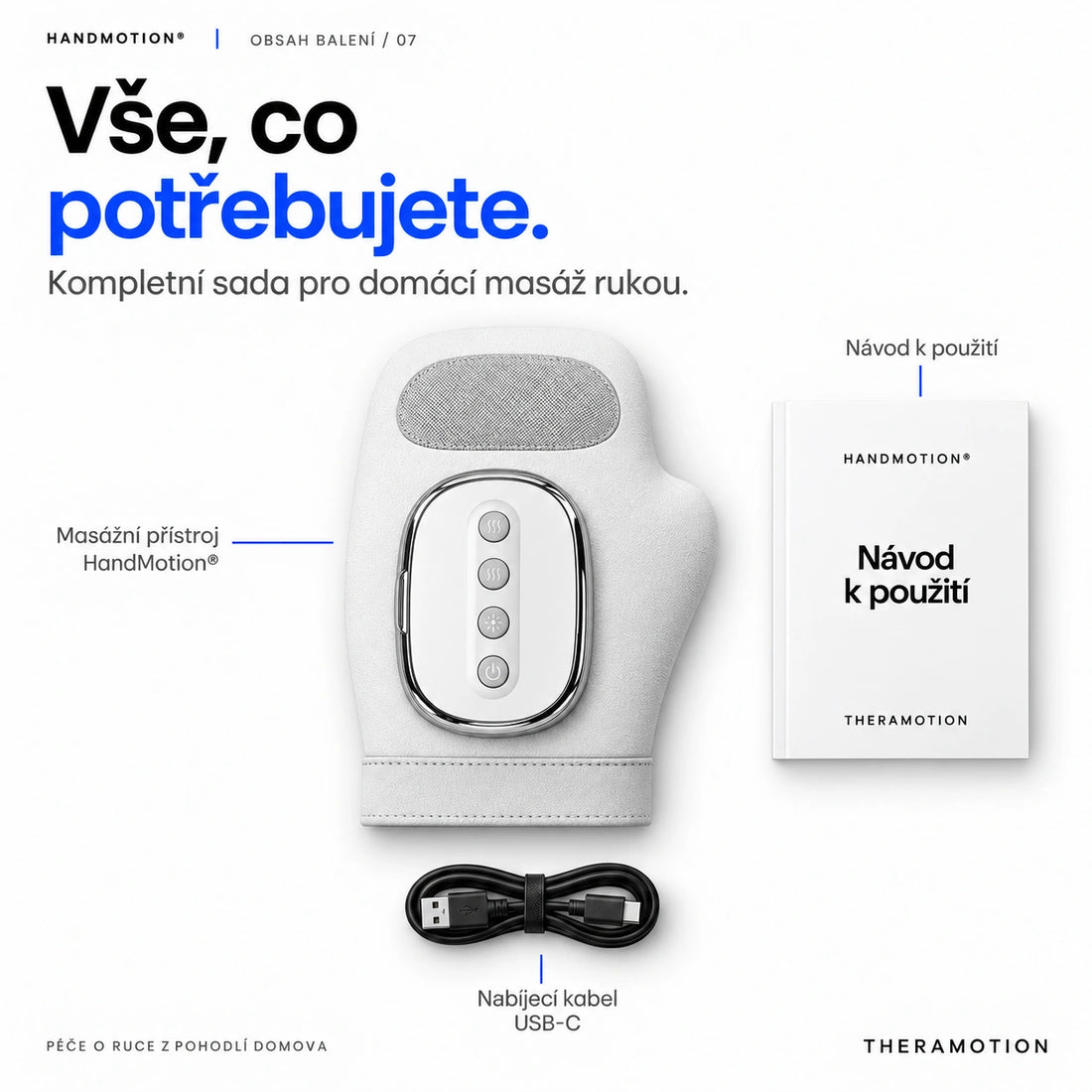 Obsah balení HandMotion: masážní přístroj, nabíjecí kabel USB-C a návod k použití